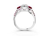 White gold Three-Stone Emerald Cut Diamond Ring with Round with Garnet side stone Pavé Band and Prong Setting_3