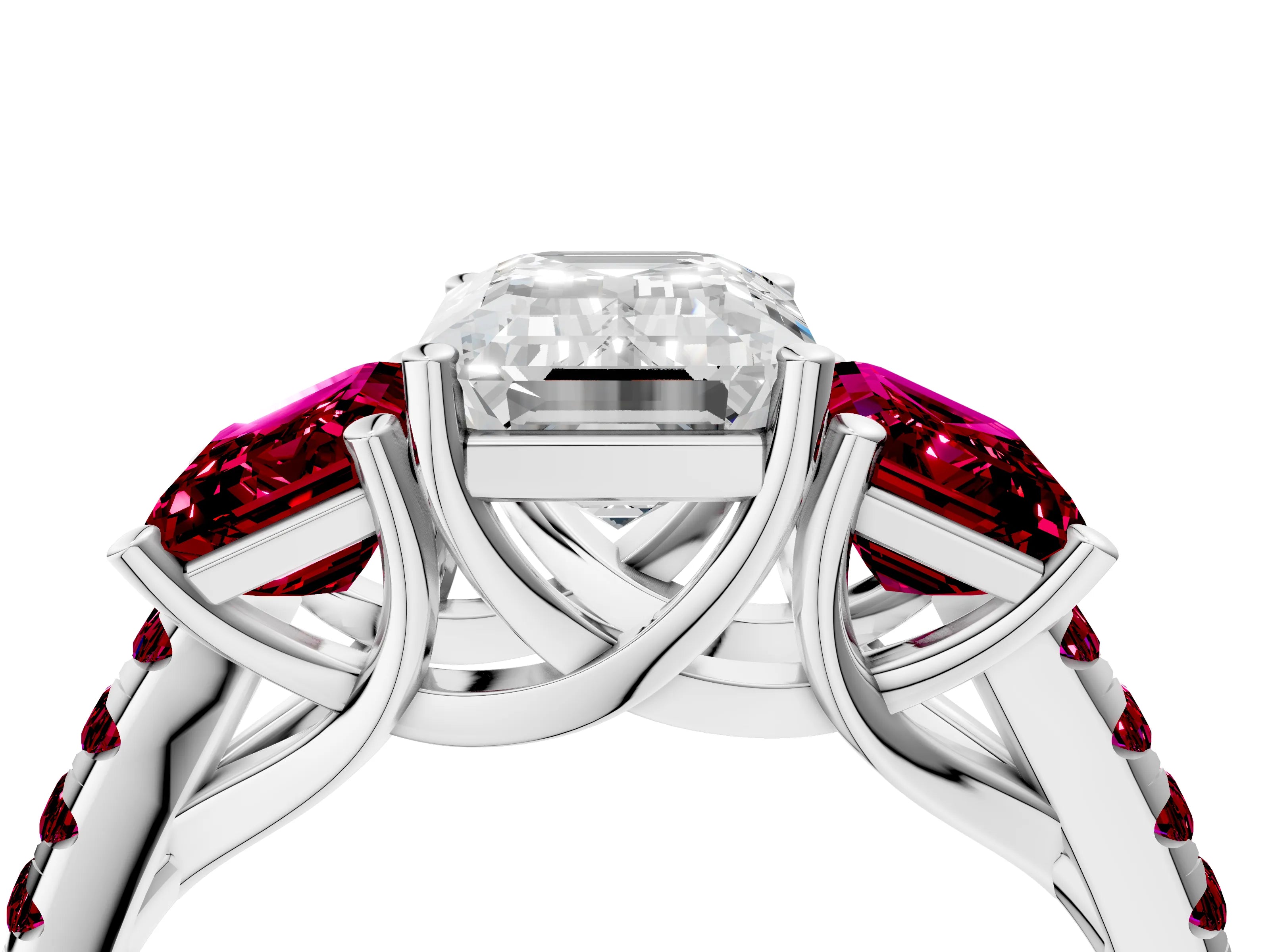 White gold Three-Stone Emerald Cut Diamond Ring with Round with Garnet side stone Pavé Band and Prong Setting_4