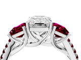 White gold Three-Stone Emerald Cut Diamond Ring with Round with Garnet side stone Pavé Band and Prong Setting_4