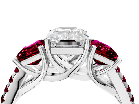 White gold Three-Stone Emerald Cut Diamond Ring with Round with Garnet side stone Pavé Band and Prong Setting_4