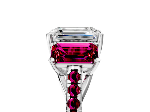 White gold Three-Stone Emerald Cut Diamond Ring with Round with Garnet side stone Pavé Band and Prong Setting_5
