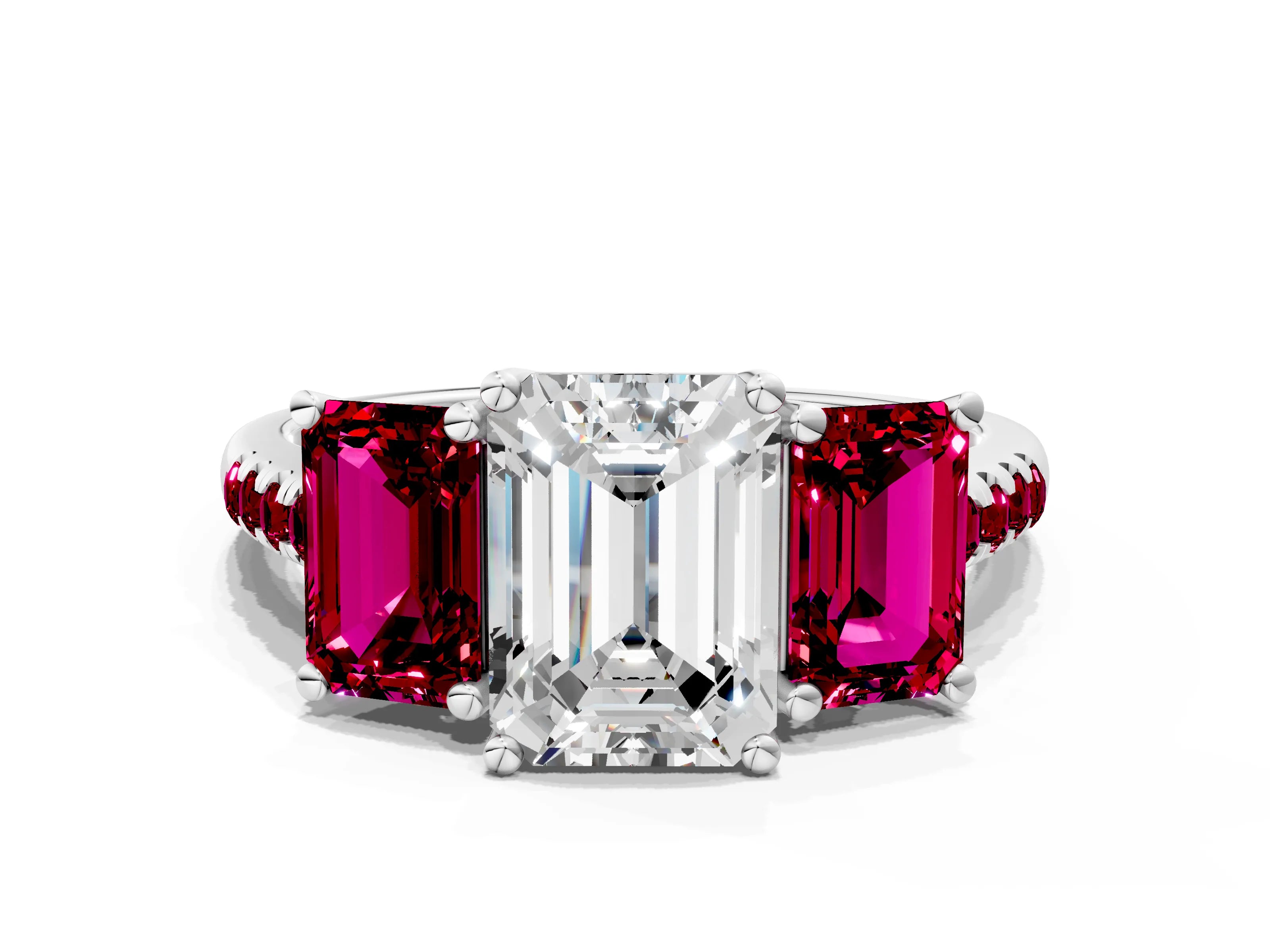 White gold Three-Stone Emerald Cut Diamond Ring with Round with Garnet side stone Pavé Band and Prong Setting