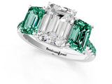 White gold Three-Stone Emerald Cut Diamond Ring with Round with Green Sapphire side stone Pavé Band and Prong Setting_13