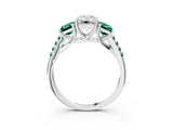 White gold Three-Stone Emerald Cut Diamond Ring with Round with Green Sapphire side stone Pavé Band and Prong Setting_15
