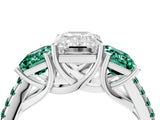 White gold Three-Stone Emerald Cut Diamond Ring with Round with Green Sapphire side stone Pavé Band and Prong Setting_16