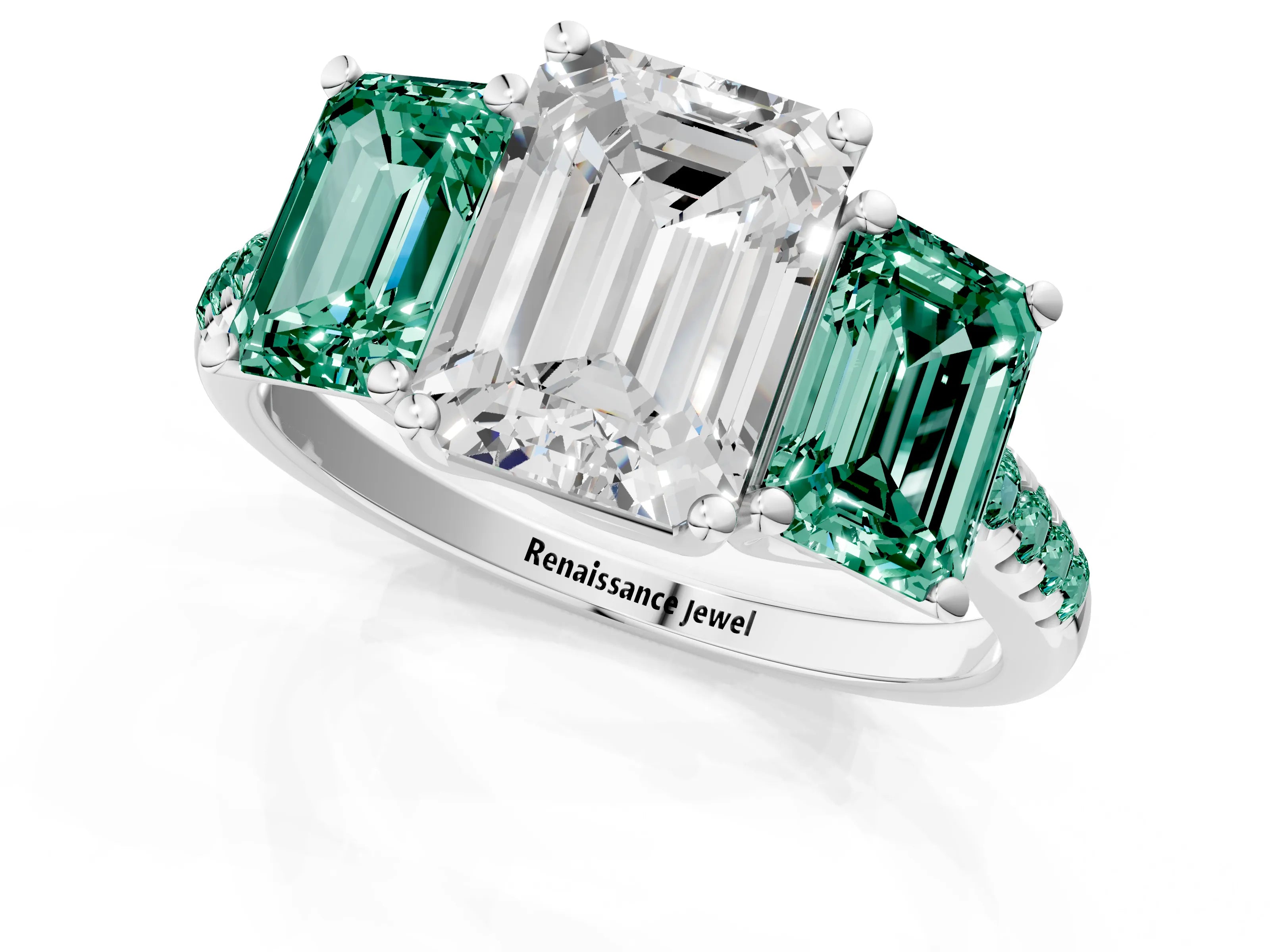 White gold Three-Stone Emerald Cut Diamond Ring with Round with Green Sapphire side stone Pavé Band and Prong Setting_1