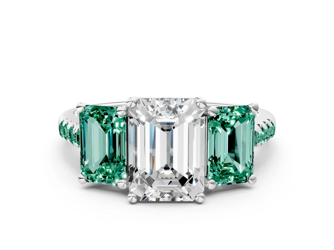 White gold Three-Stone Emerald Cut Diamond Ring with Round with Green Sapphire side stone Pavé Band and Prong Setting_24
