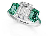 White gold Three-Stone Emerald Cut Diamond Ring with Round with Green Sapphire side stone Pavé Band and Prong Setting_25
