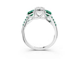 White gold Three-Stone Emerald Cut Diamond Ring with Round with Green Sapphire side stone Pavé Band and Prong Setting_27