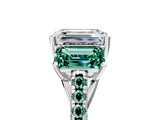 White gold Three-Stone Emerald Cut Diamond Ring with Round with Green Sapphire side stone Pavé Band and Prong Setting_29