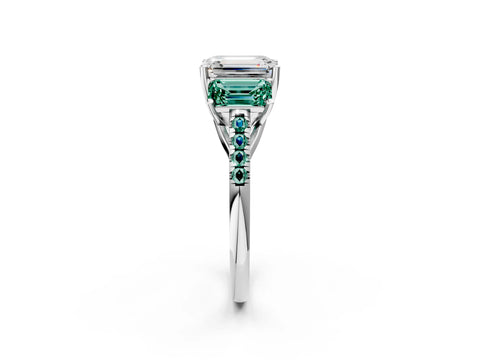 White gold Three-Stone Emerald Cut Diamond Ring with Round with Green Sapphire side stone Pavé Band and Prong Setting_2