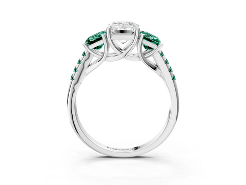 White gold Three-Stone Emerald Cut Diamond Ring with Round with Green Sapphire side stone Pavé Band and Prong Setting_3