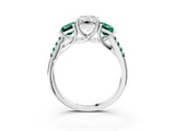White gold Three-Stone Emerald Cut Diamond Ring with Round with Green Sapphire side stone Pavé Band and Prong Setting_3