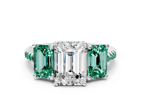 White gold Three-Stone Emerald Cut Diamond Ring with Round with Green Sapphire side stone Pavé Band and Prong Setting