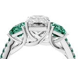 White gold Three-Stone Emerald Cut Diamond Ring with Round with Green Sapphire side stone Pavé Band and Prong Setting_4