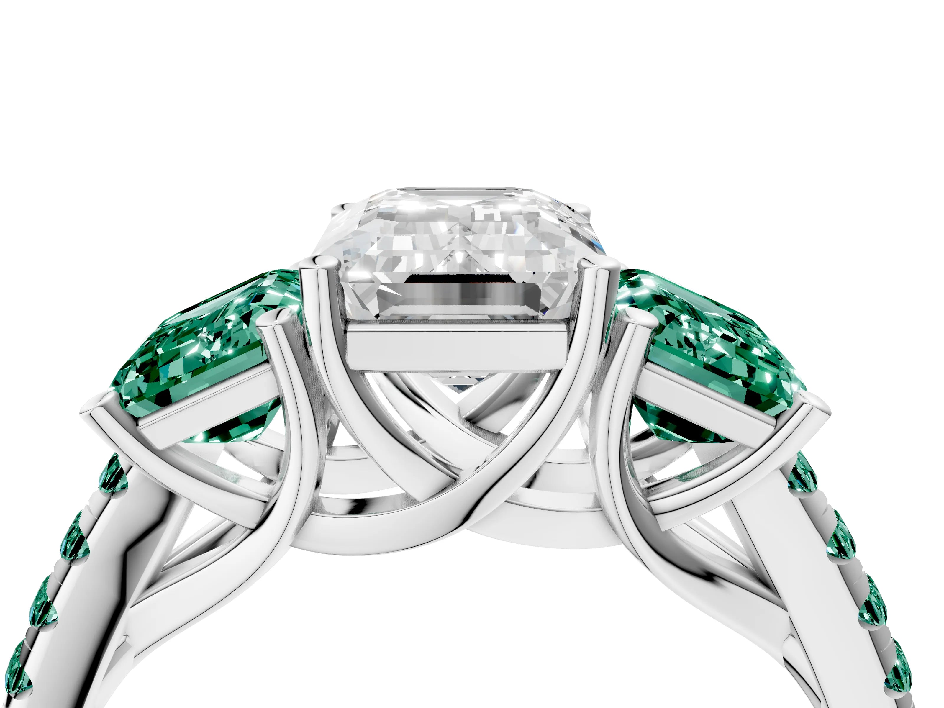 White gold Three-Stone Emerald Cut Diamond Ring with Round with Green Sapphire side stone Pavé Band and Prong Setting_4