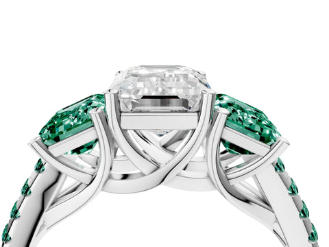 White gold Three-Stone Emerald Cut Diamond Ring with Round with Green Sapphire side stone Pavé Band and Prong Setting_4