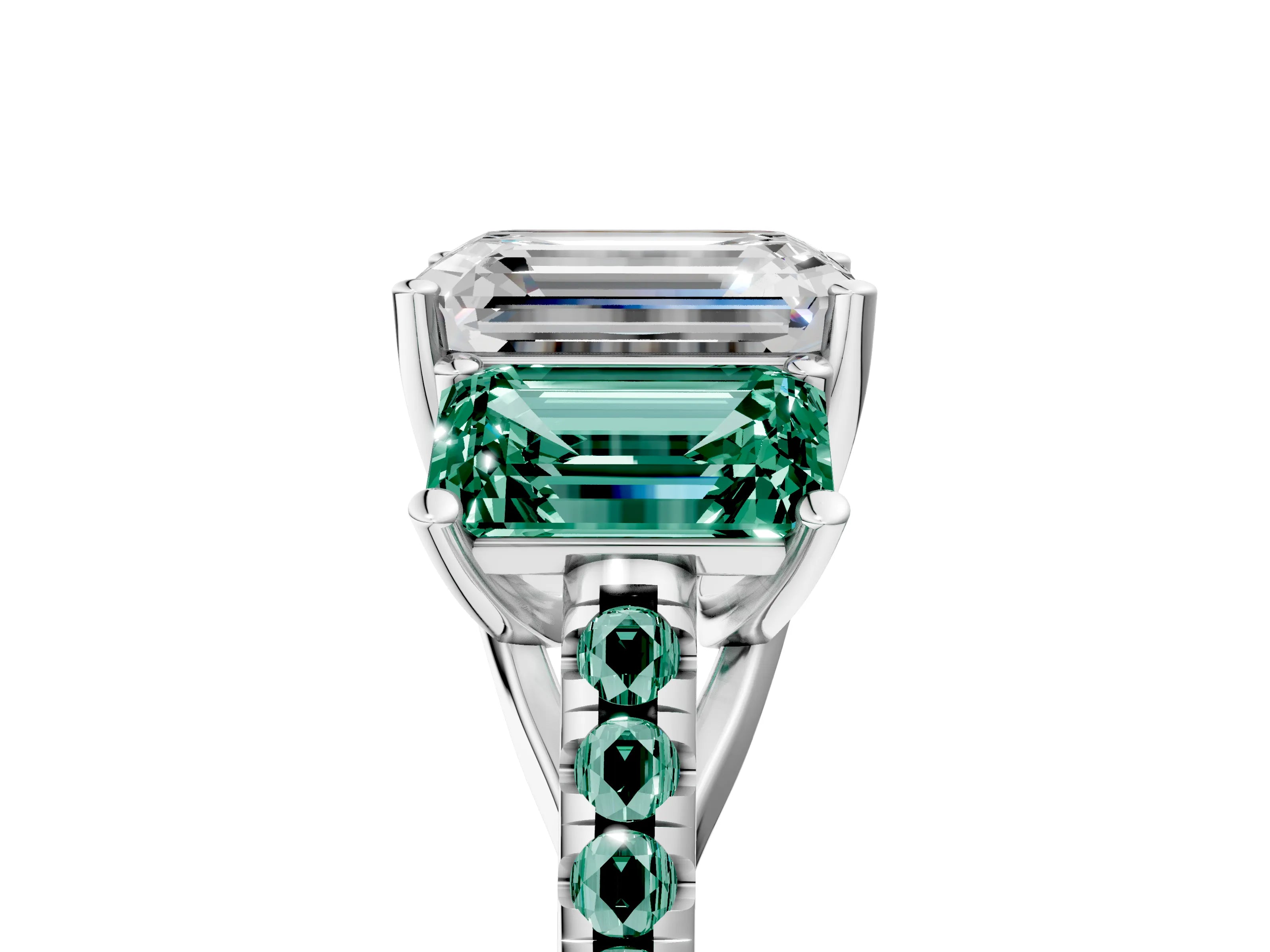 White gold Three-Stone Emerald Cut Diamond Ring with Round with Green Sapphire side stone Pavé Band and Prong Setting_5