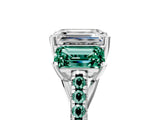 White gold Three-Stone Emerald Cut Diamond Ring with Round with Green Sapphire side stone Pavé Band and Prong Setting_5