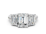 White gold Three-Stone Emerald Cut Diamond Ring with Round with Moissanite side stone Pavé Band and Prong Setting_12