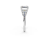 White gold Three-Stone Emerald Cut Diamond Ring with Round with Moissanite side stone Pavé Band and Prong Setting_14