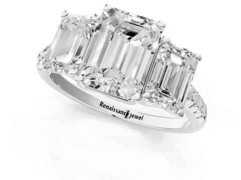 White gold Three-Stone Emerald Cut Diamond Ring with Round with Moissanite side stone Pavé Band and Prong Setting_1