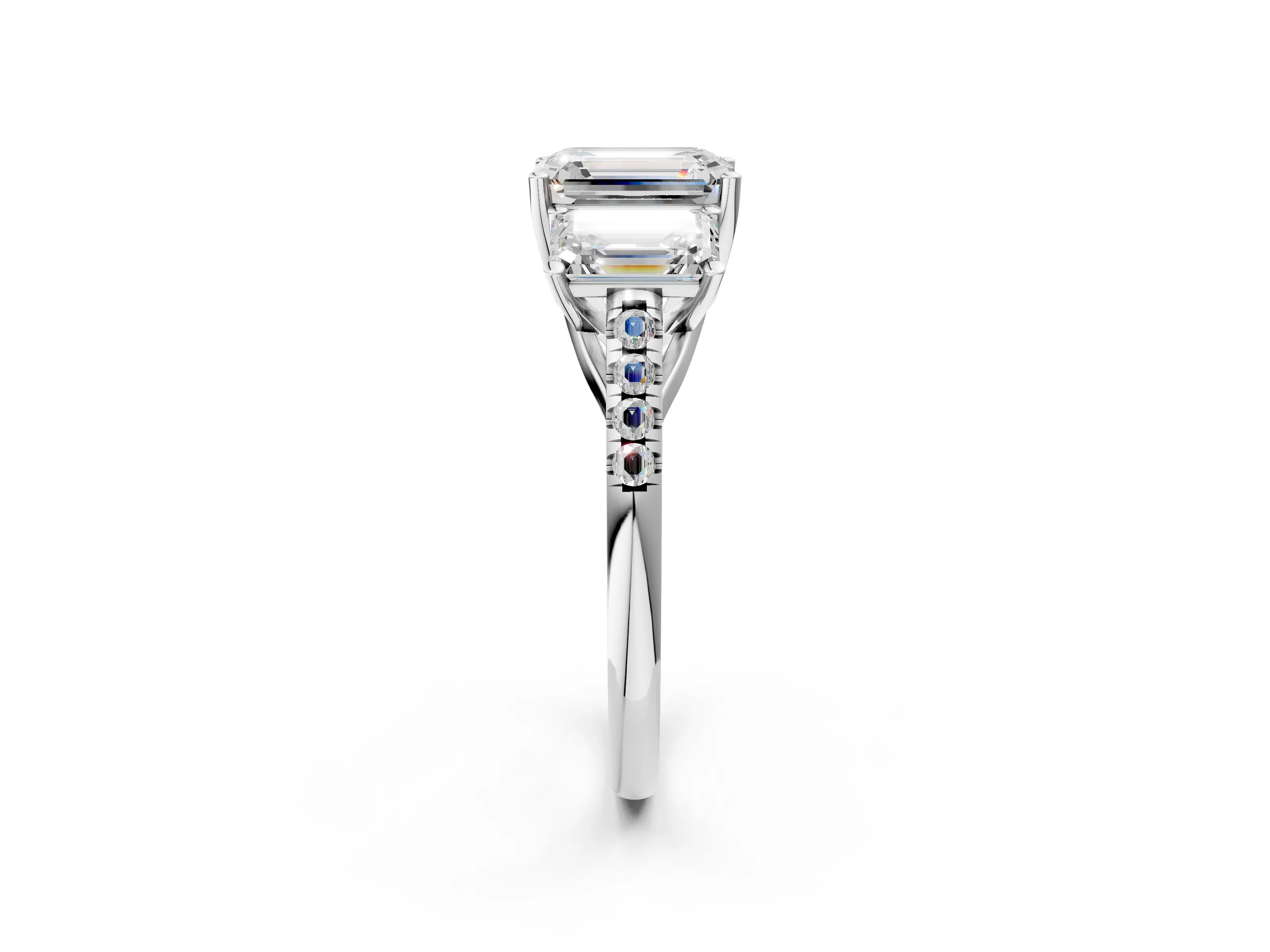 White gold Three-Stone Emerald Cut Diamond Ring with Round with Moissanite side stone Pavé Band and Prong Setting_2