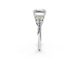 White gold Three-Stone Emerald Cut Diamond Ring with Round with Moissanite side stone Pavé Band and Prong Setting_20