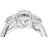 White gold Three-Stone Emerald Cut Diamond Ring with Round with Moissanite side stone Pavé Band and Prong Setting_28