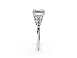 White gold Three-Stone Emerald Cut Diamond Ring with Round with Moissanite side stone Pavé Band and Prong Setting_2