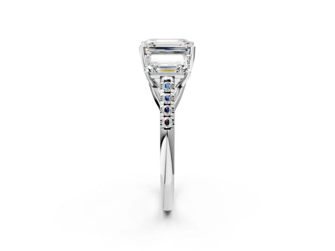 White gold Three-Stone Emerald Cut Diamond Ring with Round with Moissanite side stone Pavé Band and Prong Setting_2