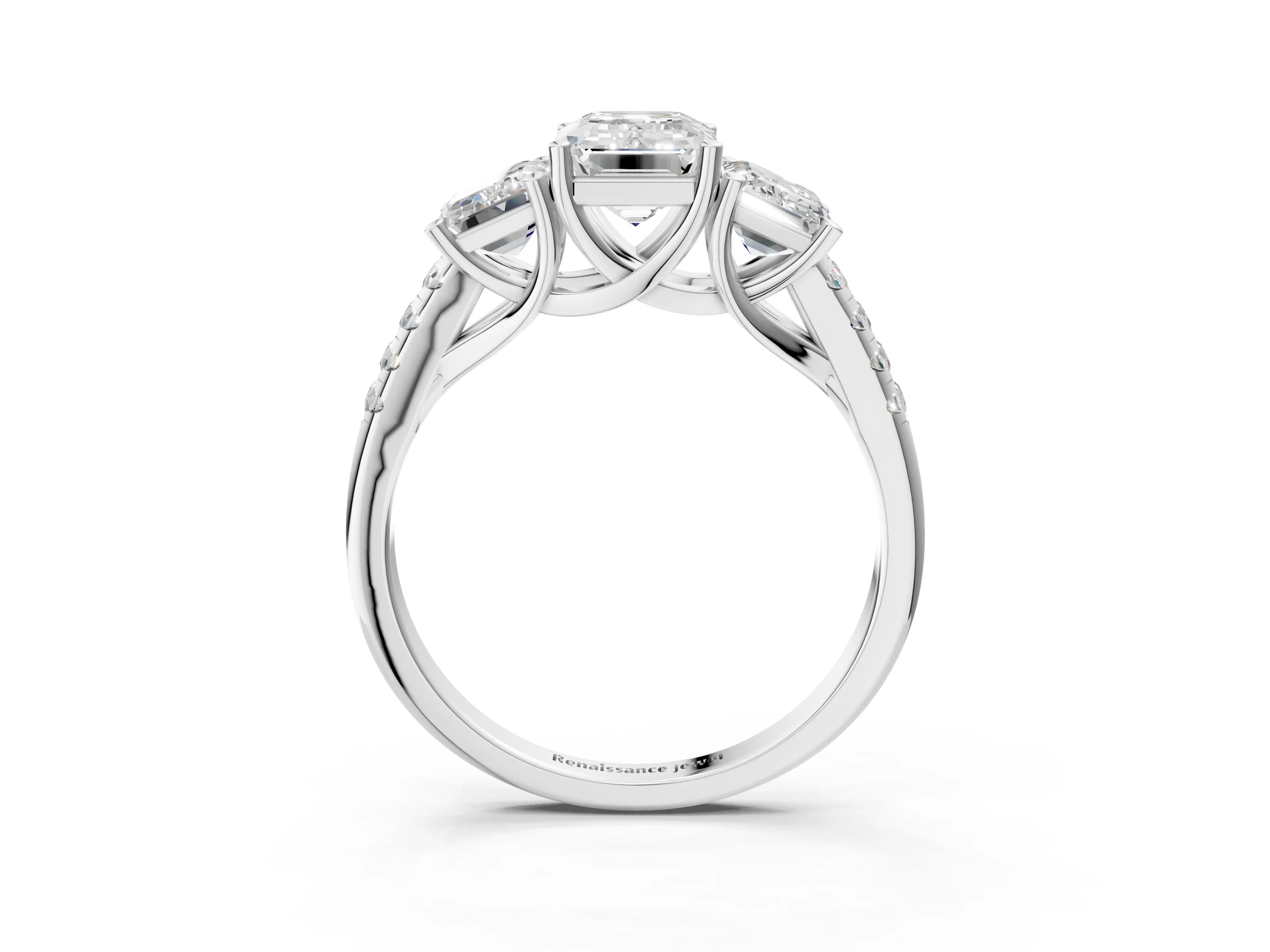 White gold Three-Stone Emerald Cut Diamond Ring with Round with Moissanite side stone Pavé Band and Prong Setting_3