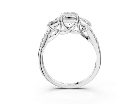 White gold Three-Stone Emerald Cut Diamond Ring with Round with Moissanite side stone Pavé Band and Prong Setting_3