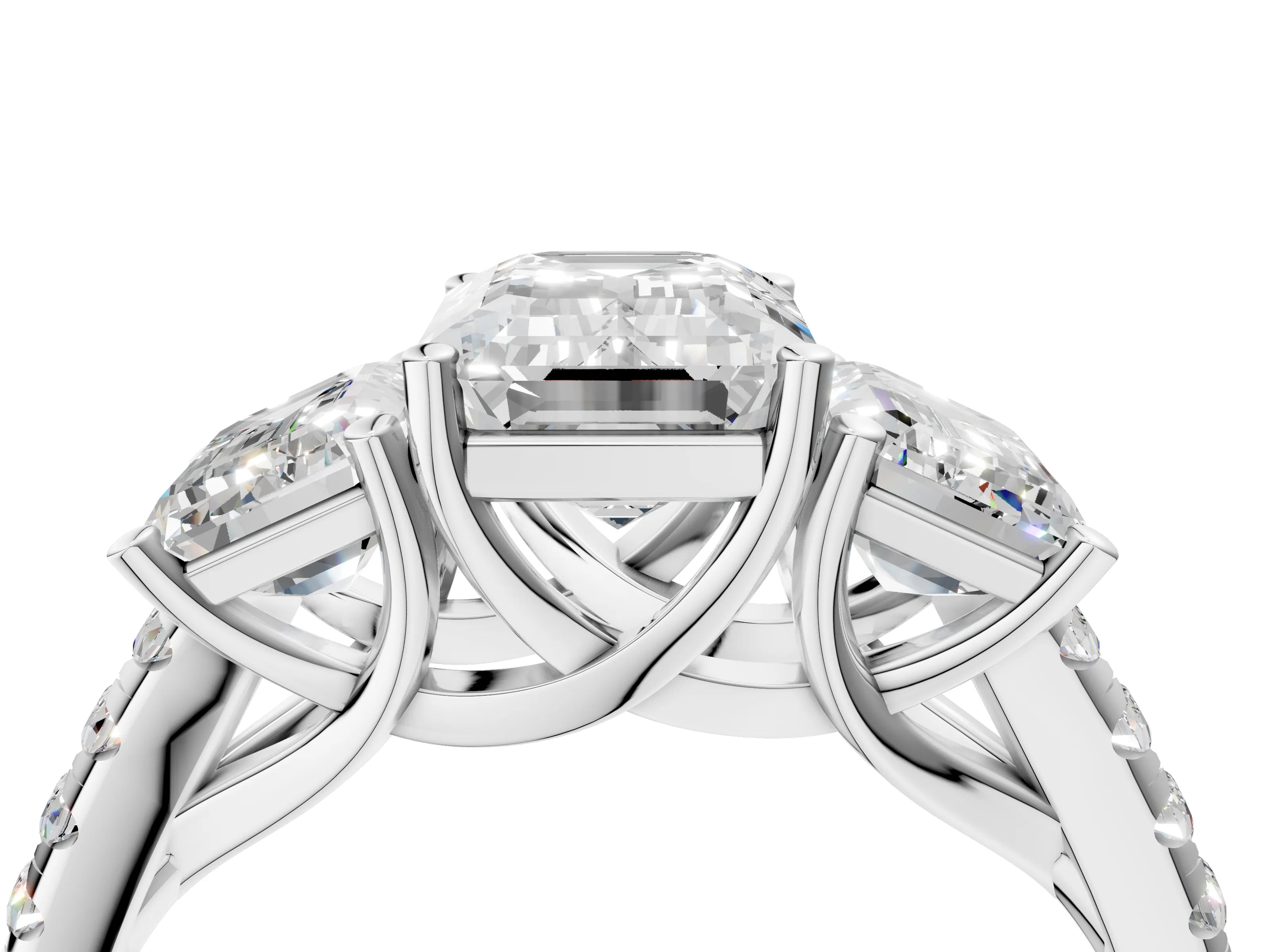 White gold Three-Stone Emerald Cut Diamond Ring with Round with Moissanite side stone Pavé Band and Prong Setting_4