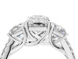 White gold Three-Stone Emerald Cut Diamond Ring with Round with Moissanite side stone Pavé Band and Prong Setting_4