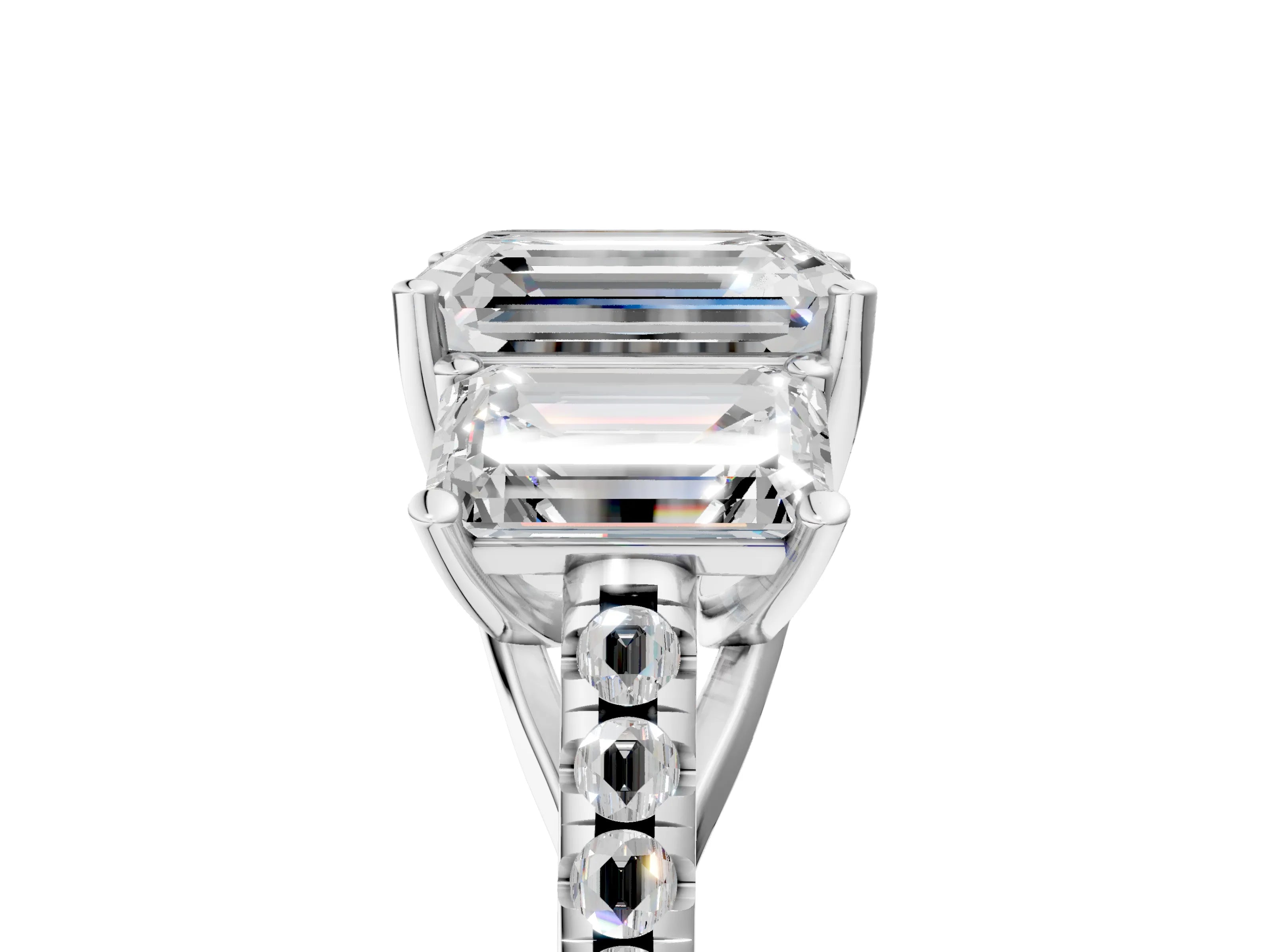 White gold Three-Stone Emerald Cut Diamond Ring with Round with Moissanite side stone Pavé Band and Prong Setting_5