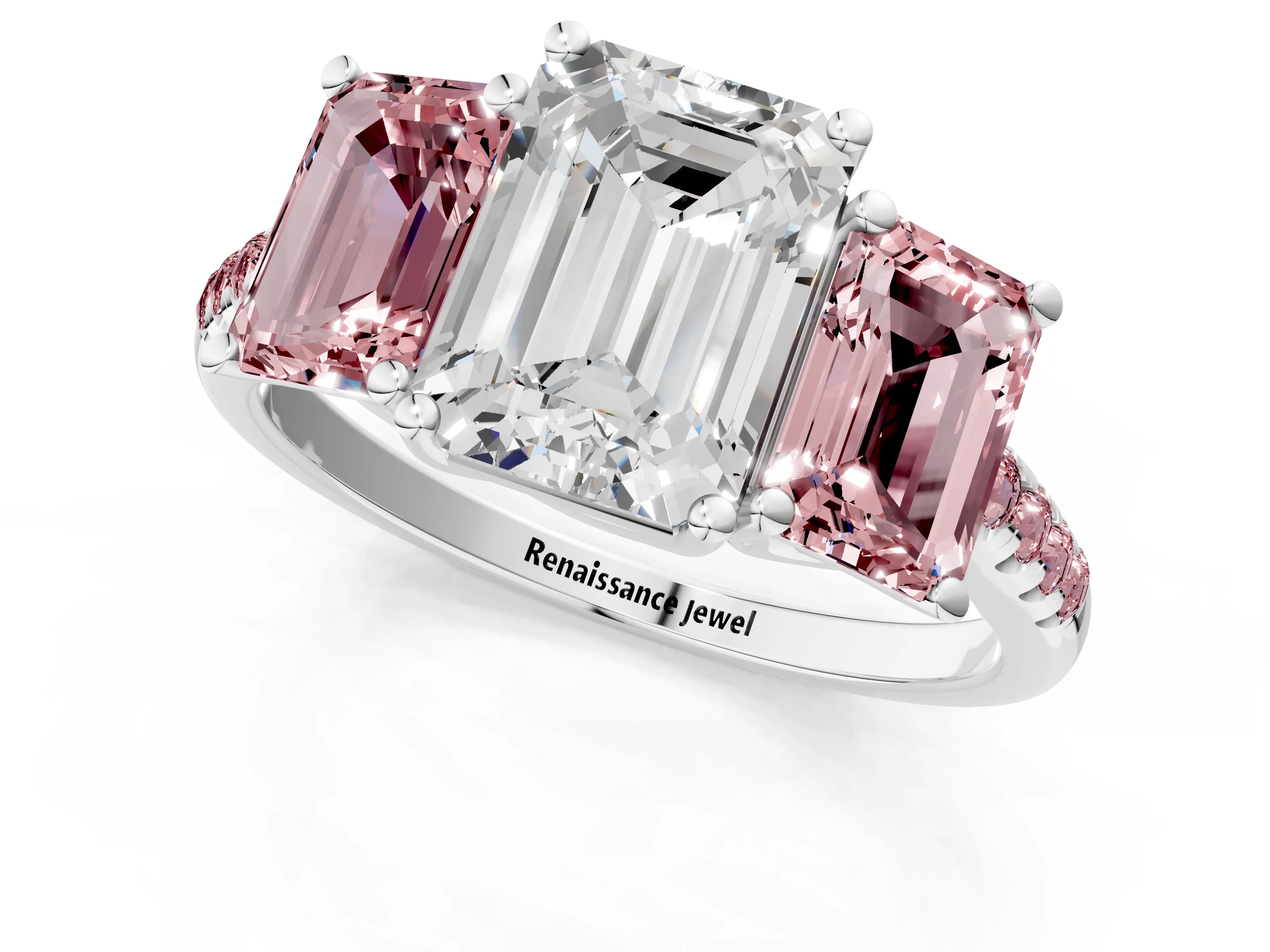 White gold Three-Stone Emerald Cut Diamond Ring with Round with Morganite side stone Pavé Band and Prong Setting_1
