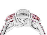 White gold Three-Stone Emerald Cut Diamond Ring with Round with Morganite side stone Pavé Band and Prong Setting_16