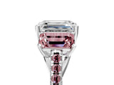 White gold Three-Stone Emerald Cut Diamond Ring with Round with Morganite side stone Pavé Band and Prong Setting_17