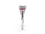 White gold Three-Stone Emerald Cut Diamond Ring with Round with Morganite side stone Pavé Band and Prong Setting_2