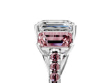 White gold Three-Stone Emerald Cut Diamond Ring with Round with Morganite side stone Pavé Band and Prong Setting_23