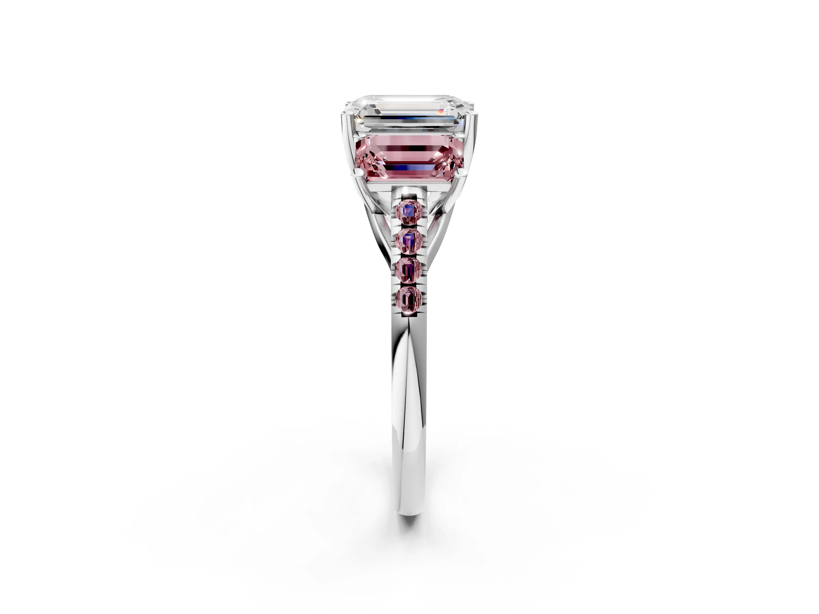 White gold Three-Stone Emerald Cut Diamond Ring with Round with Morganite side stone Pavé Band and Prong Setting_2