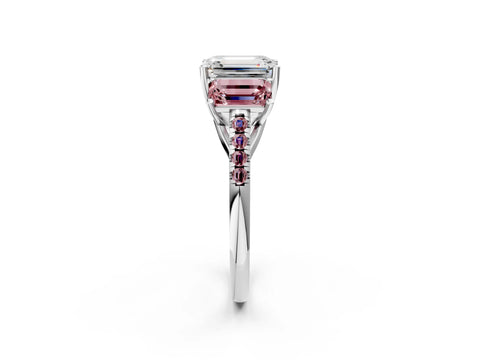 White gold Three-Stone Emerald Cut Diamond Ring with Round with Morganite side stone Pavé Band and Prong Setting_2
