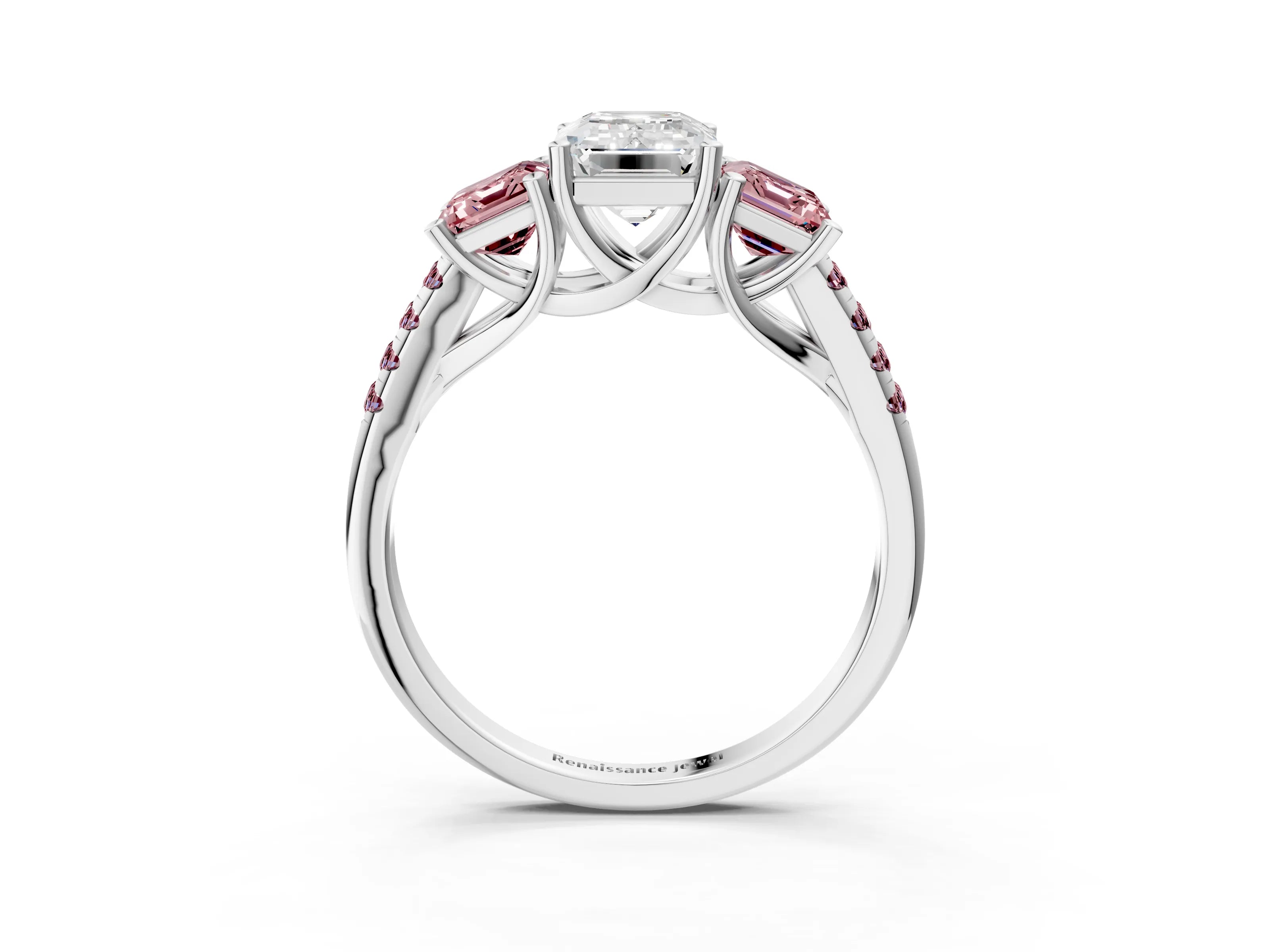 White gold Three-Stone Emerald Cut Diamond Ring with Round with Morganite side stone Pavé Band and Prong Setting_3