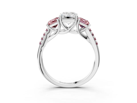 White gold Three-Stone Emerald Cut Diamond Ring with Round with Morganite side stone Pavé Band and Prong Setting_3
