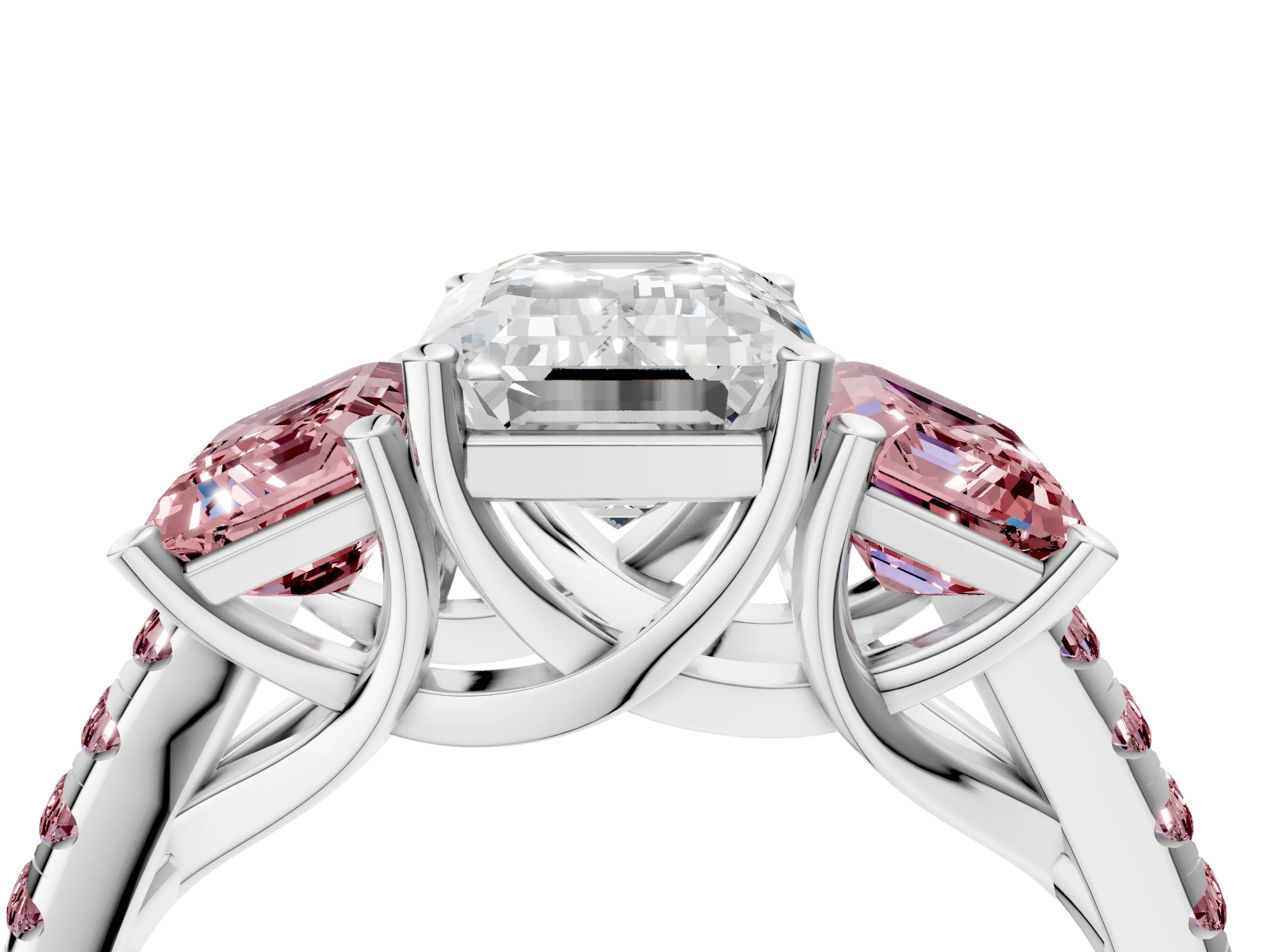 White gold Three-Stone Emerald Cut Diamond Ring with Round with Morganite side stone Pavé Band and Prong Setting_4