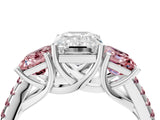 White gold Three-Stone Emerald Cut Diamond Ring with Round with Morganite side stone Pavé Band and Prong Setting_4
