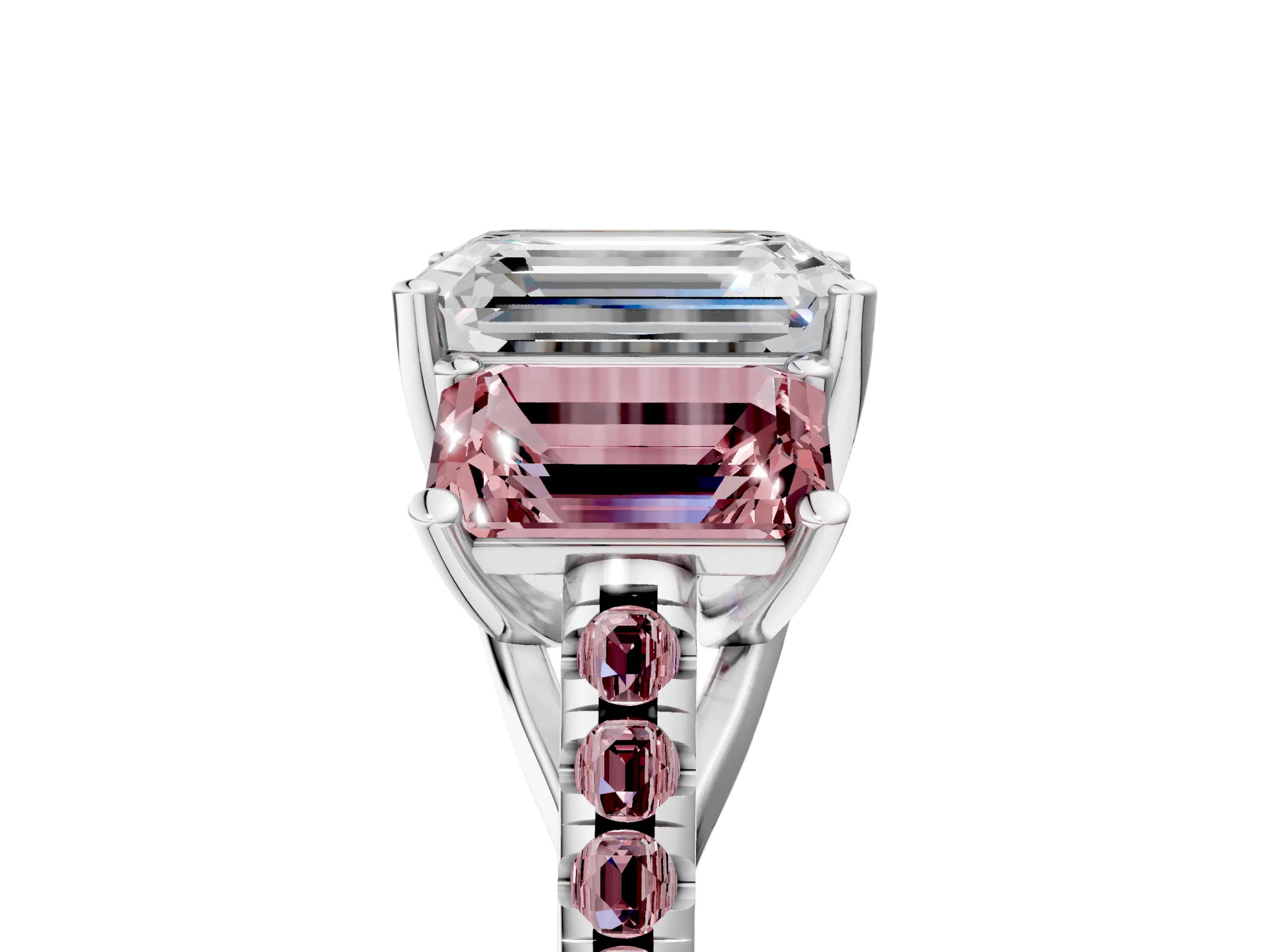 White gold Three-Stone Emerald Cut Diamond Ring with Round with Morganite side stone Pavé Band and Prong Setting_5