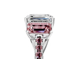 White gold Three-Stone Emerald Cut Diamond Ring with Round with Morganite side stone Pavé Band and Prong Setting_5