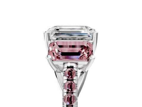 White gold Three-Stone Emerald Cut Diamond Ring with Round with Morganite side stone Pavé Band and Prong Setting_5